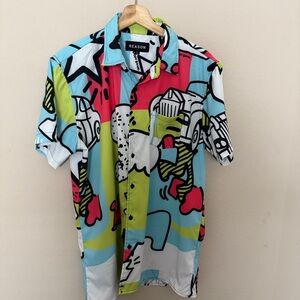 Reason Brand Button Up Shirt Colorful Pop Art Retro 80s 90s Style Men’s Large